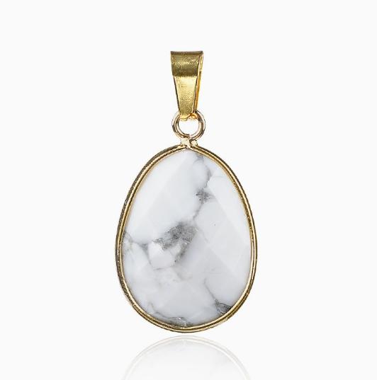 Natural Gemstone Drop Pendant Gold Edge Gemstone Faceted Oval Charm Semi-precious Crystal Necklace Pendant Amethyst Quartz Agate
