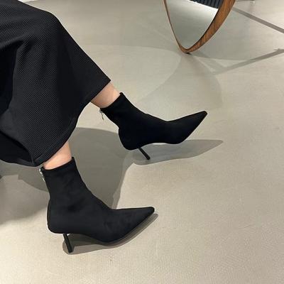 Коричневые короткие ботинки женские на высоком каблуке осенне-зимние универсальные на тонком каблуке эластичные ботинки замшевые остроносые облегающие ботинки