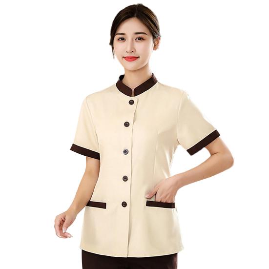 Hotel Housekeeping Uniform Women Slim Fit Top Stand Collar Short Sleeve Single Breasted Pockets Work Uniform Tops