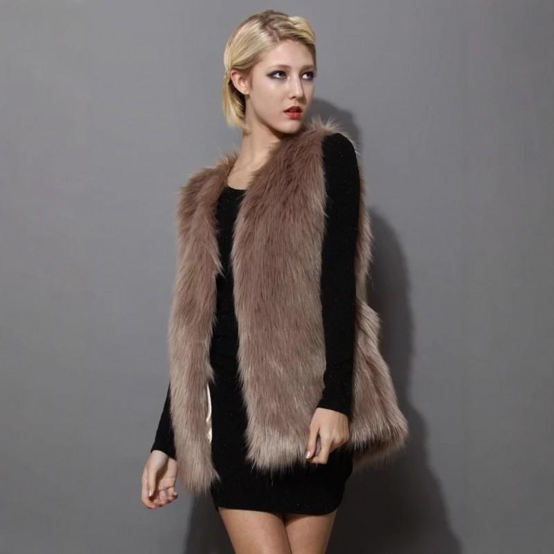 Womens Short Faux Fur Vest Streetwear V-Neck Sleeveless Coat Coffee Color 2026