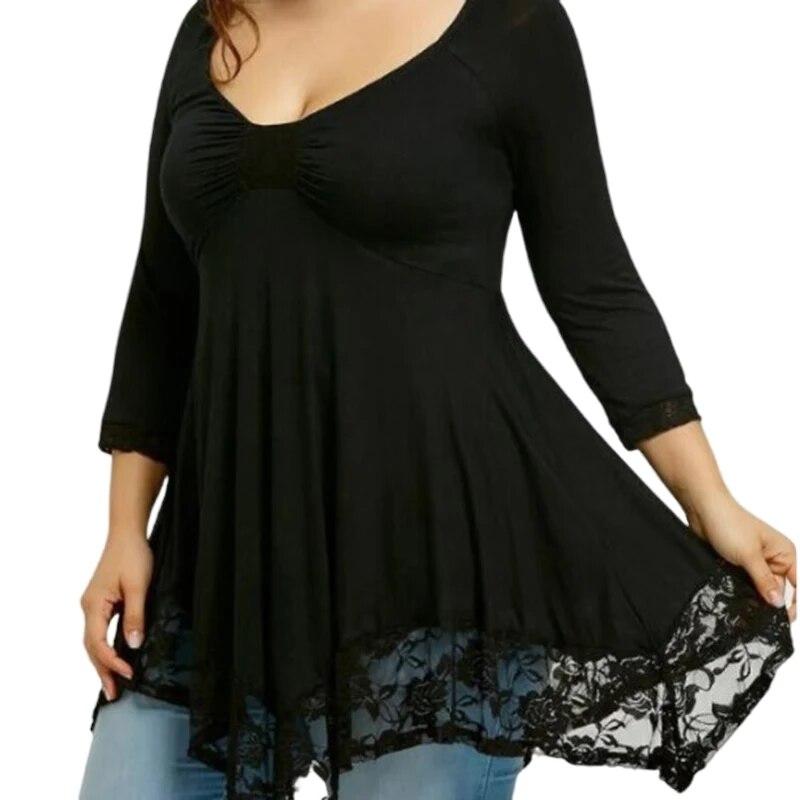 Женская свободная рубашка размера плюс с длинным рукавом, туника, топы с круглым вырезом, кружевная блузка с баской, струящиеся свободные рубашки, сплошной цвет