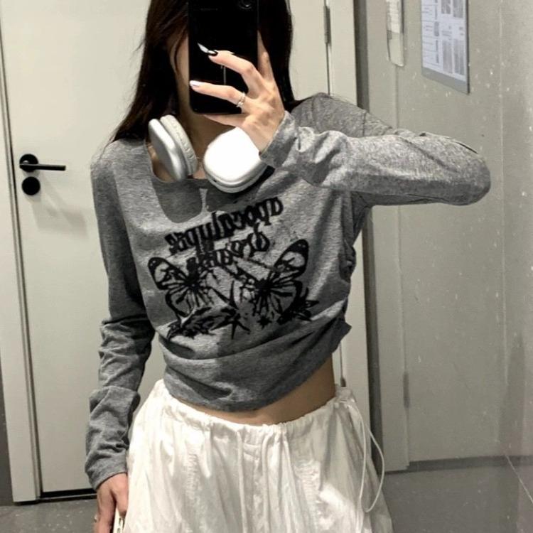 Сексуальные плиссированные футболки в стиле гранж Femme Slim Fit Y2k с эстетическим буквенным принтом, укороченный топ с длинными рукавами, женская модная универсальная футболка