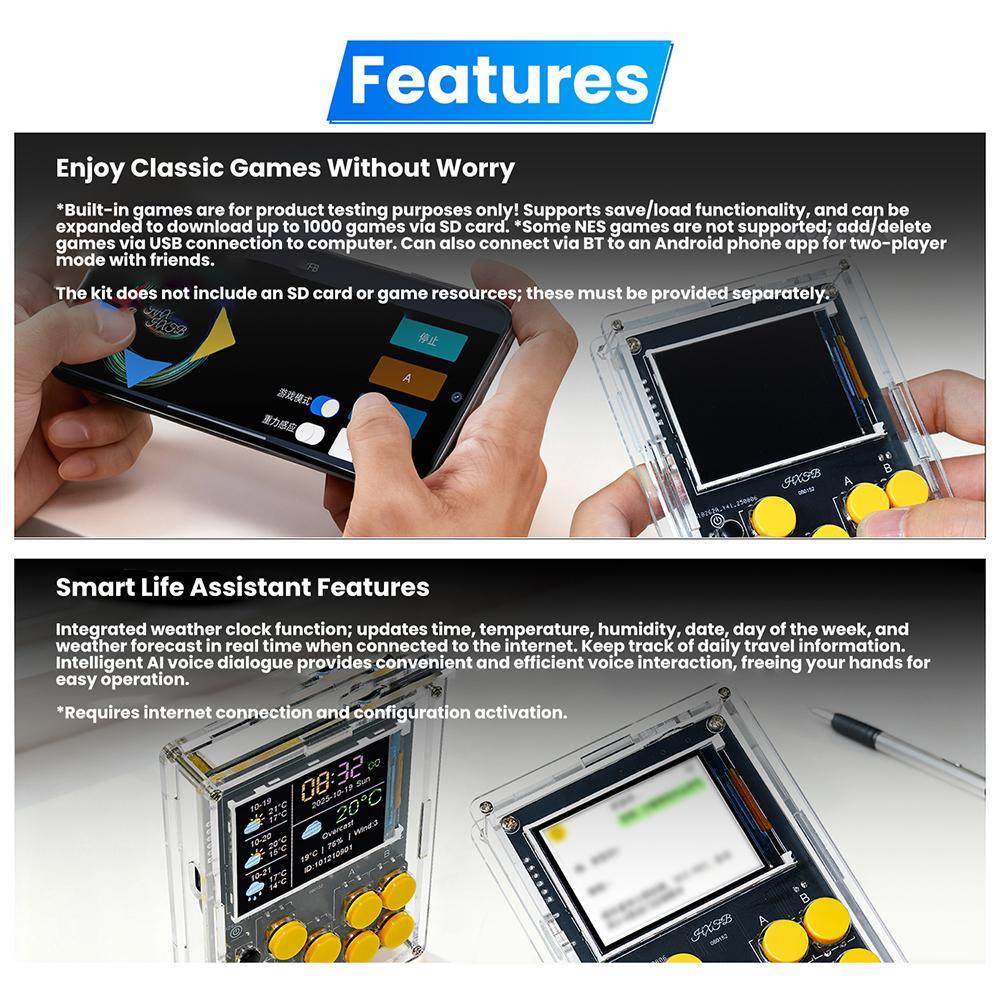 Набор для сборки DIY LCD игровой консоли с 11 классическими играми, Погодные часы, Музыкальный спектр, Xiaozhi AI Голосовое управление, Ручная электронная пайка, Компоненты