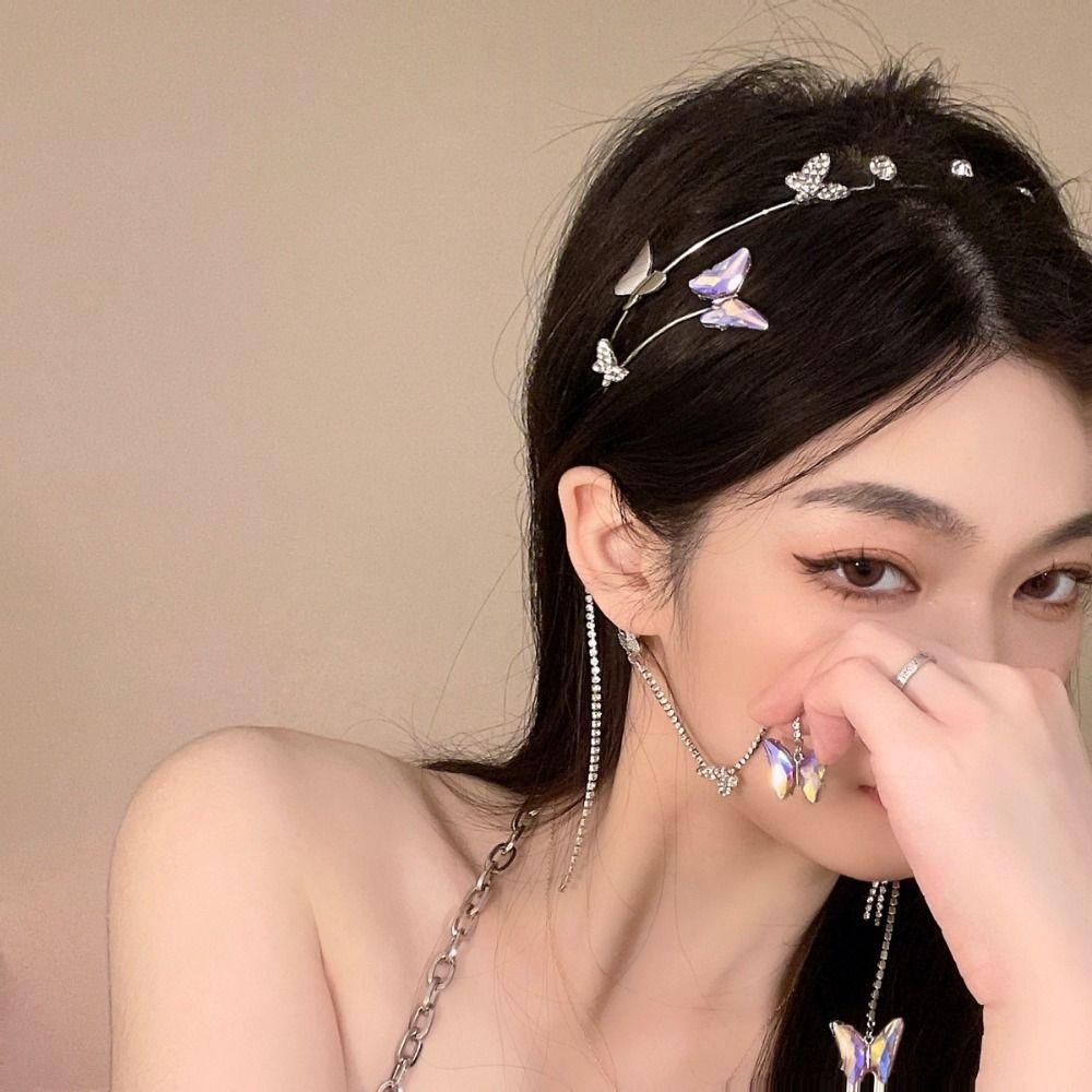 Rhinestone Tassel Pearl Hair Hoop Woman Tiara Butterfly Headband Headband Headdress