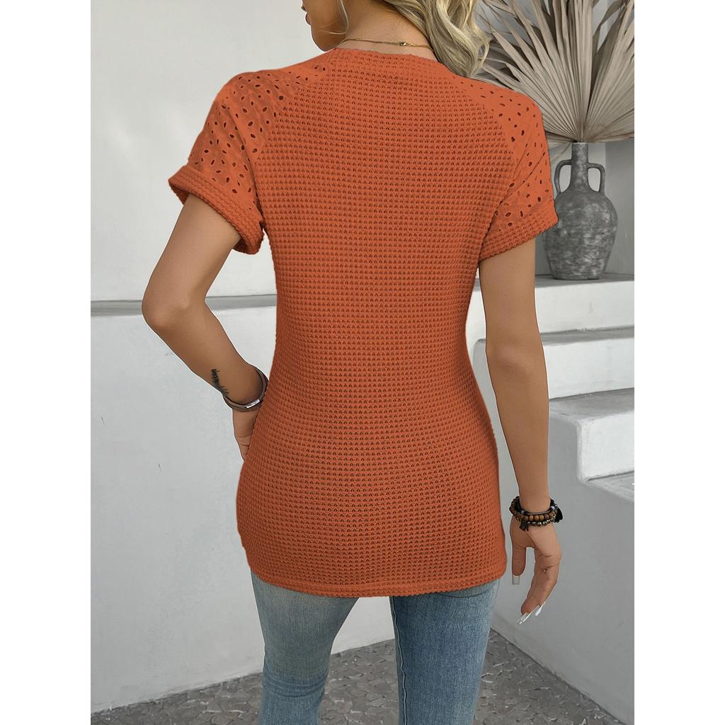 GMXIA Футболка с коротким рукавом и круглым вырезом, весна-лето, с кружевной отделкой, для женщин