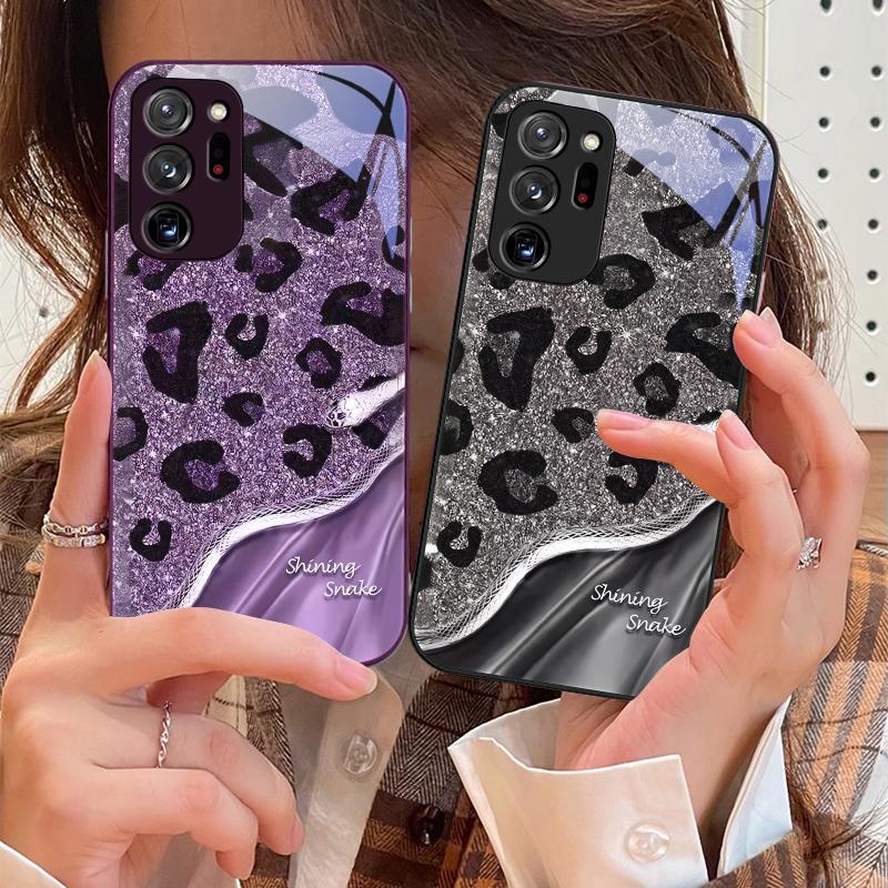 Чехол-бампер из закаленного стекла с пайетками в виде леопардовой змеи для Samsung Galaxy Note 8 9 10 PRO 20 Ultra A01 02 03 Core 04E 4G 12 13 5G