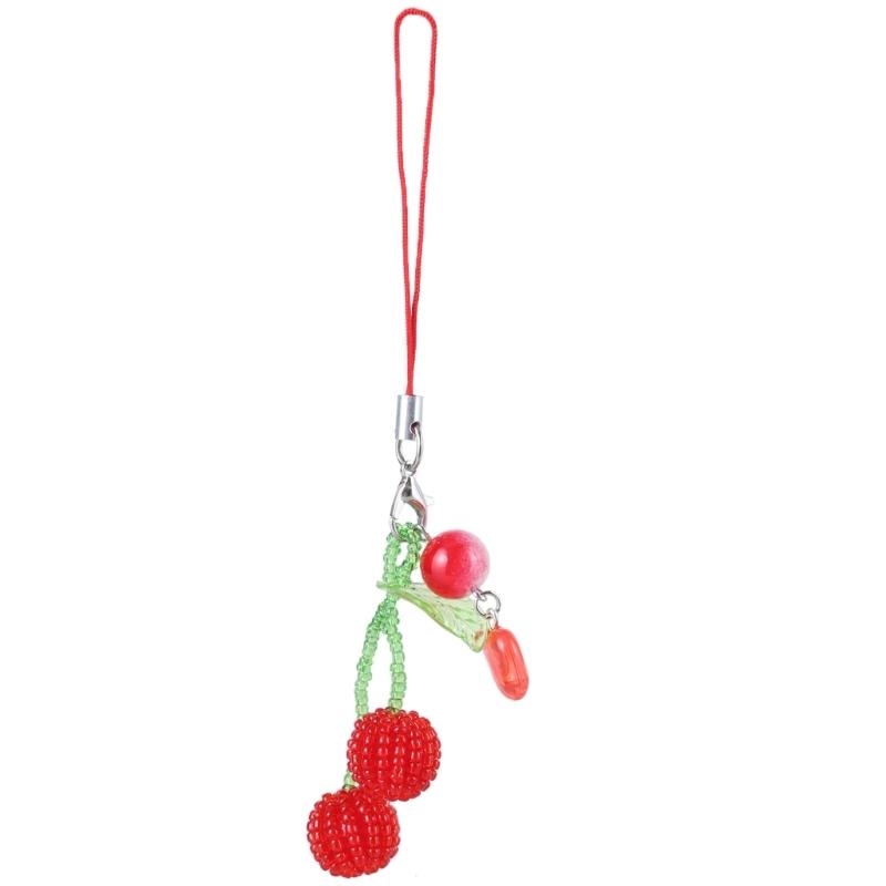 Beaded Cherries Pendant Sweet Phone Chain Strap Hanging Decoration Keychain Lanyard Small Gift for Women Girls
