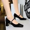 Women's Shoes with Thick Heel, Mid Heel, Shallow Mouth Splicing, Square Toe, Straight Line with Rhinestone Buckle, Single Shoe, Mary Jane Shoes