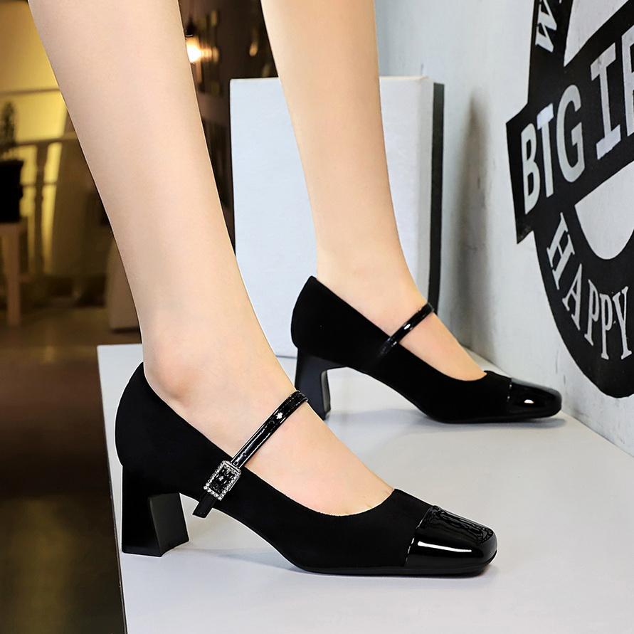 Women's Shoes with Thick Heel, Mid Heel, Shallow Mouth Splicing, Square Toe, Straight Line with Rhinestone Buckle, Single Shoe, Mary Jane Shoes