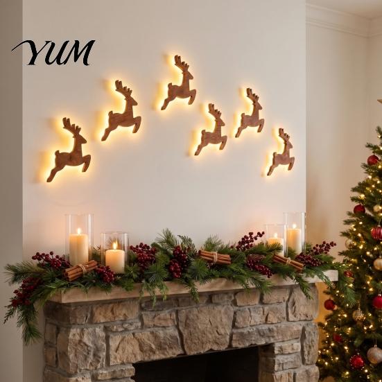 Cordless Holiday Wall Decor LED Reindeer Decoration, 3D Light-Up Wooden Christmas Glow Silhouette Lights, Warm Backlit Lighted Art Peel And