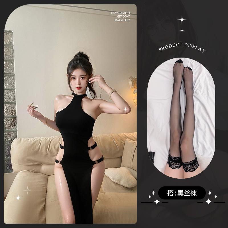 Sex Underwear Sexy Solid Color Neck Sleeveless Hollow Side Split High Waist Tights Dress Women