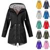 Women Solid Stripe Rain Jacket Outdoor Plus Waterproof Hooded Raincoat Windproof