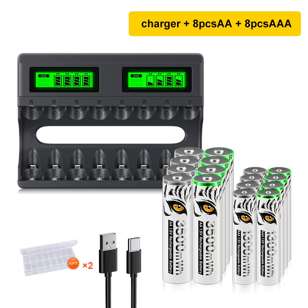 PALO Литий-ионная аккумуляторная батарея AA 3500 МВтч, 1,5 В + литий-ионные аккумуляторы AAA 1300 МВтч, элемент AA AAA 1,5 В с зарядным устройством 1,5 В AAA AA