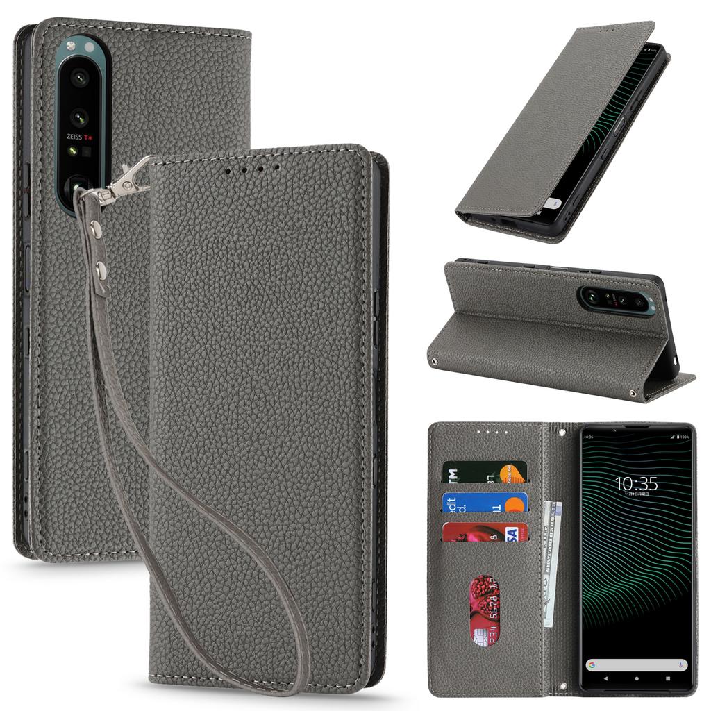 For Sony Xperia 1 IV 5G Case Stand Wallet Litchi Texture Leather Flip Phone Cover with Strap