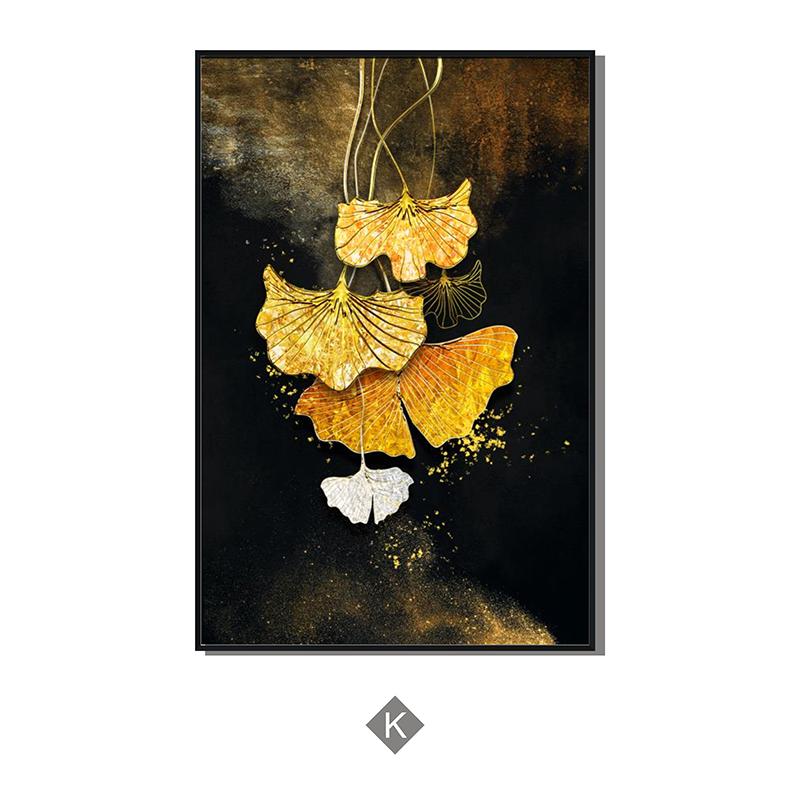 Abstract Black Golden Foil Leaves Luxury Poster Art Plant Canvas Painting Decorative Modern Wall Picture for Living Room Decor