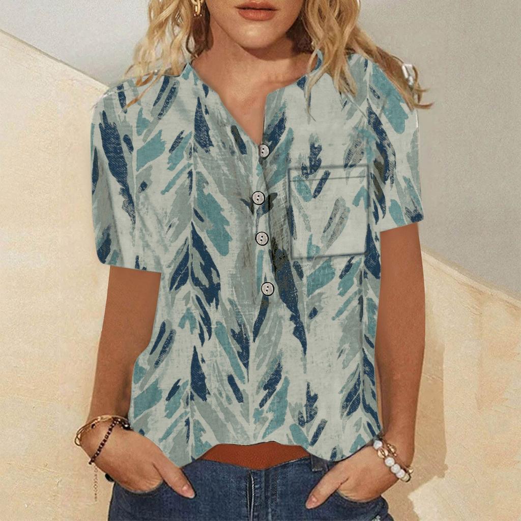 Женская повседневная модная хлопково-льняная женская рубашка с коротким рукавом с принтом
