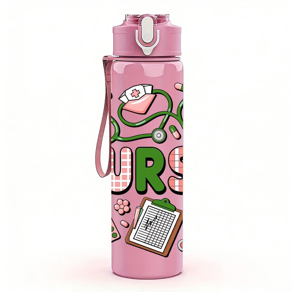 1PC Nurse Green Typography Pattern 750ml Color Plastic Sports Water Bottle Leakproof Flip Straw Lid Suitable for Sports Office Home Use