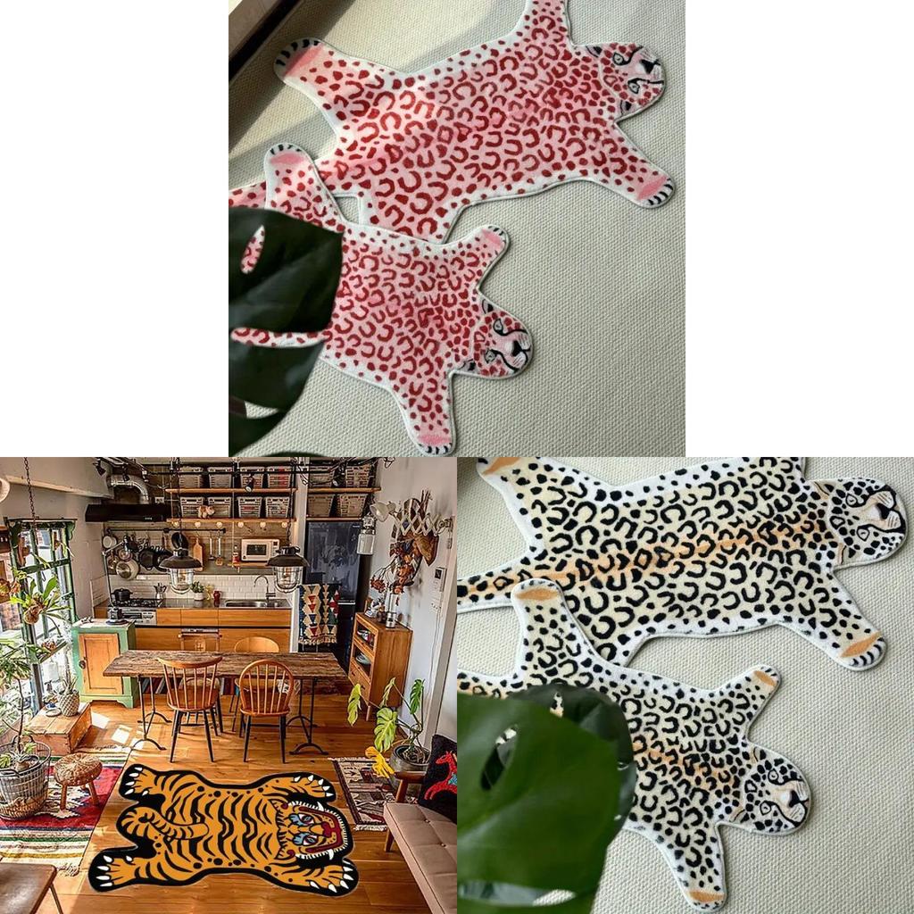 Tiger Print Faux Cashmere Floor Mat With Shaped Design For Bedroom Use