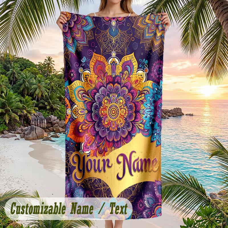 Mandala Art Cover Theme Quick Dry Beach Towel Custom Name Text Print Large Sand Resistant Towel Beach Vacation