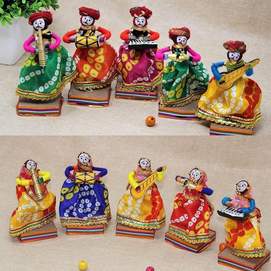 New Rajasthani Multicolor Musician Bawla Puppets Idol, Set of 10, (5 Male & 5 Female)