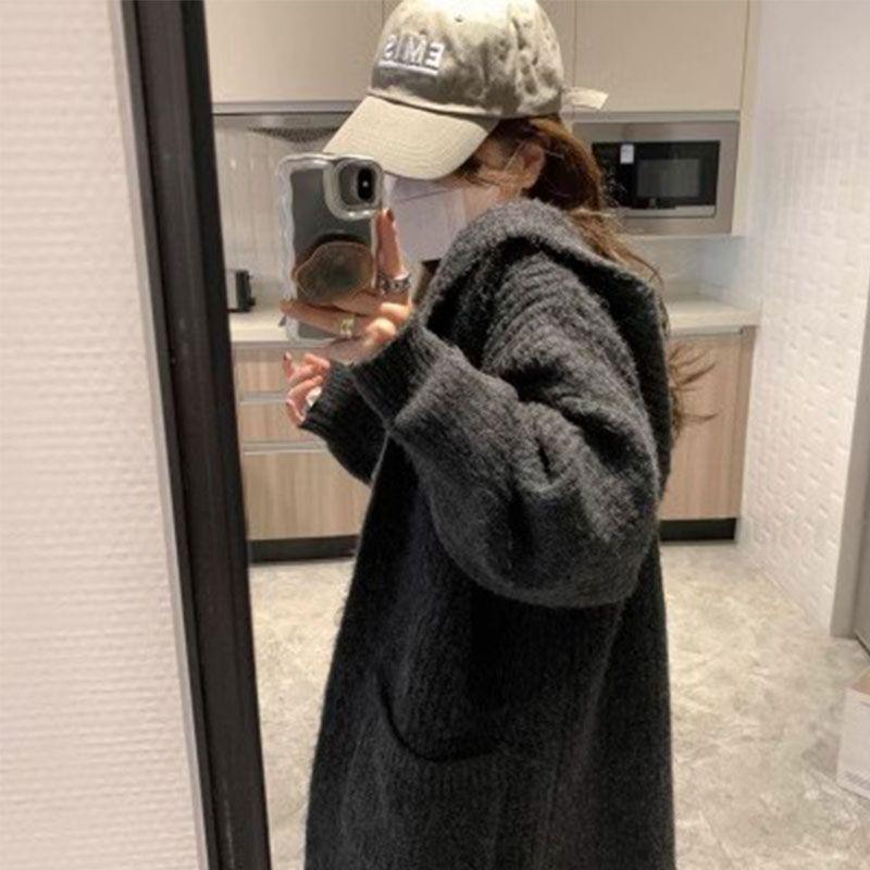 Women's Mid-Length Hooded Knit Cardigan with Pockets - Autumn/Winter Loose Fit Sweater Coat