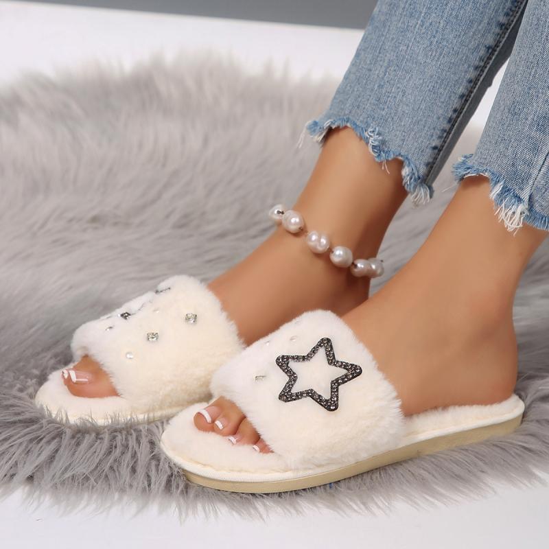 Модные панк-хлопковые шлепанцы с блестящей звездой для женщин 2025 Зимние теплые короткие плюшевые тапочки на плоской подошве Комфортные мягкие домашние тапочки