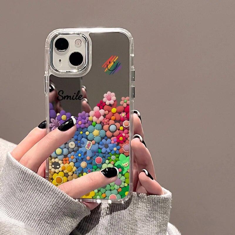 Smile Lovely Heart Mirror Phone Case For iPhone 15 Pro Case iPhone 11 13 14 12 Pro Max X XR XS Silicone Shockproof Back Cover