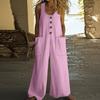 Women's Fashion Casual Button-down Sleeveless Jumpsuit Solid Color Cotton Pocket Jumpsuit