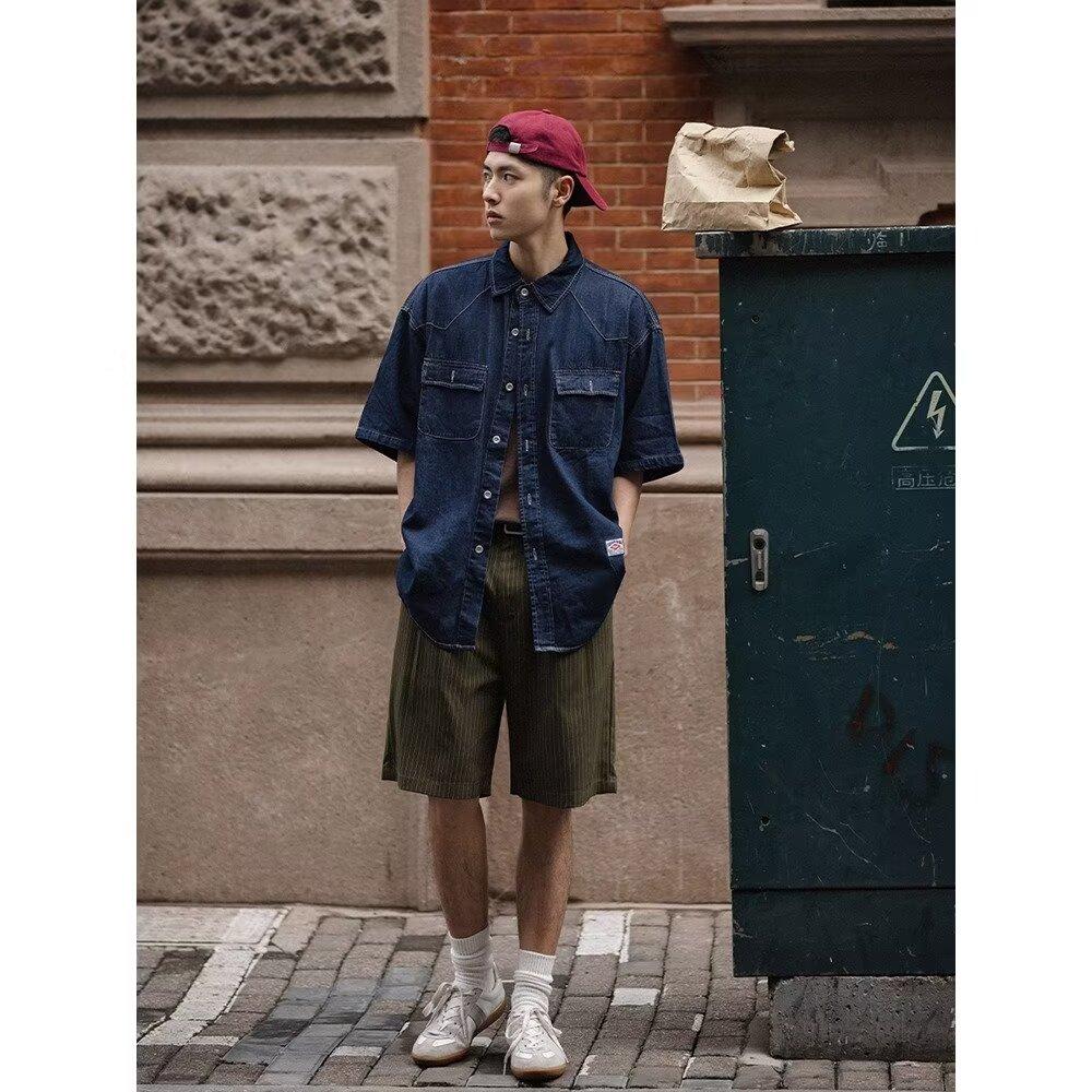 Японский ретро модный бренд летняя свободная джинсовая рубашка с короткими рукавами художественная молодежная рабочая рубашка мужская и женская многослойная куртка