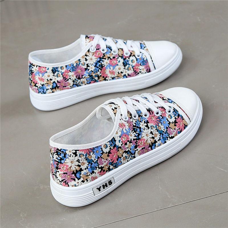 Летняя Легкая Женская Обувь Повседневная Оригинальная Корейская Вулканизированная Обувь Предложение 39 Шнуровка Цветы Холщовые Туфли для Женщин
