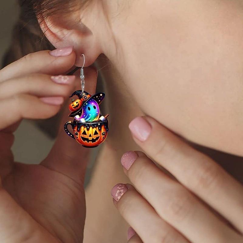 Colorful Halloween Themed Cartoon Ghost Pumpkin Pattern Women Earrings Acrylic