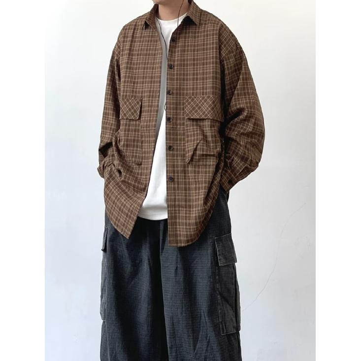 Рубашка в японском стиле в стиле ретро с большим карманом, с длинными рукавами, для мужчин и женщин, винтажная, с несколькими карманами, контрастного цвета, для пары, рубашка, пальто