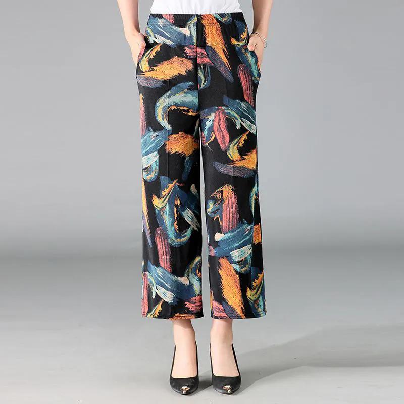 WTEMPO Женские брюки-клеш с широкими штанинами из шелка с принтом весна-лето, эластичные, с высокой талией, тонкие, свободные, укороченные брюки для мам