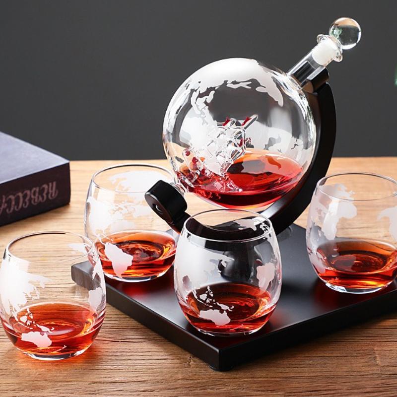 Creative Globe Decanter Set with Lead-free Carafe Exquisite Wood-stand and 2 Whisky Glasses Whiskey Decanter Globe Grade Gift