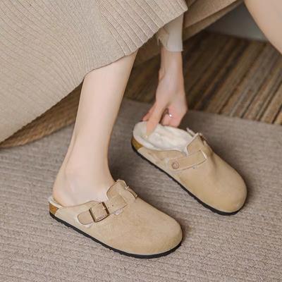 Новые женские тапочки, осенне-зимние кожаные тапочки с круглым носком, парные тапочки, повседневные, сохраняющие тепло женские замшевые шлепанцы