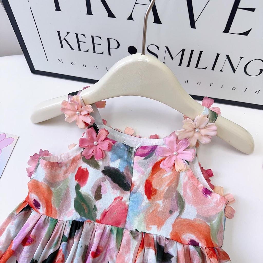 Детское летнее платье с цветочным принтом на тонких бретелях - платье-жилет в французском стиле "принцесса" AXB685