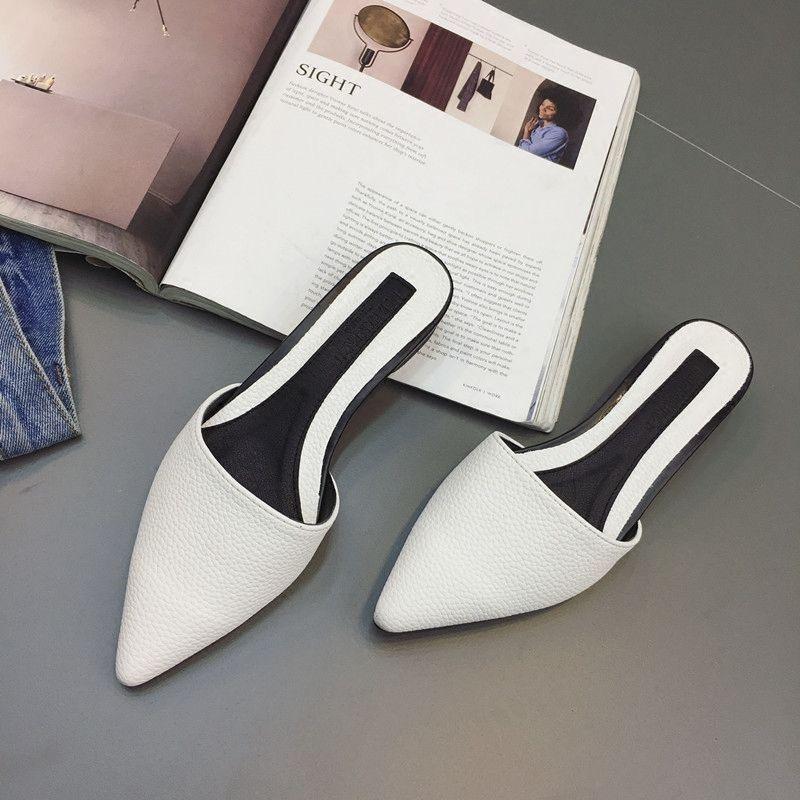 Мягкая кожа удобная заостренная голова сумка голова толстый каблук Интернет знаменитости тапочки женская летняя одежда плоский каблук перетаскивание сандалии сандалии f