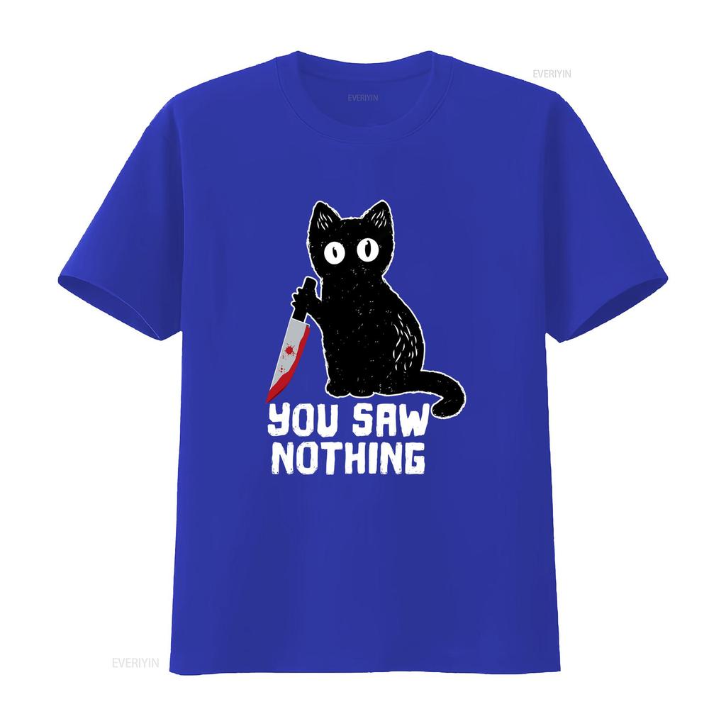 Mens Halloween Funny Cat T Shirt with Bloody Knife You Saw Nothing vintage Washed Top For Everyday Wear Comfortable graphic
