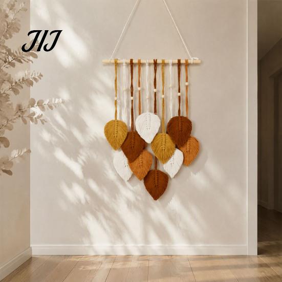 Boho Leaf Art for Living Room Wall Hanging, Hand Woven Cotton Tapestry, Nordic Modern Farmhouse Decor Decor, Bohemian Bedroom Home Decoration