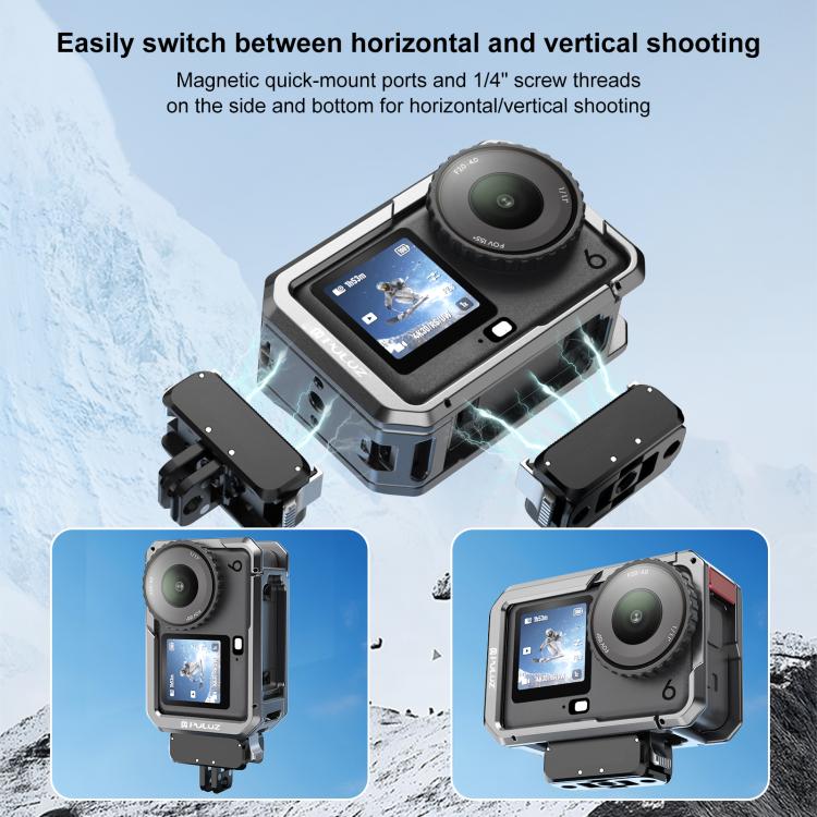 PULUZ Titanium‑Color Dual‑Opening Aluminum Camera Cage Frame with Silicone Lens‑Cap for DJI Osmo Action 6