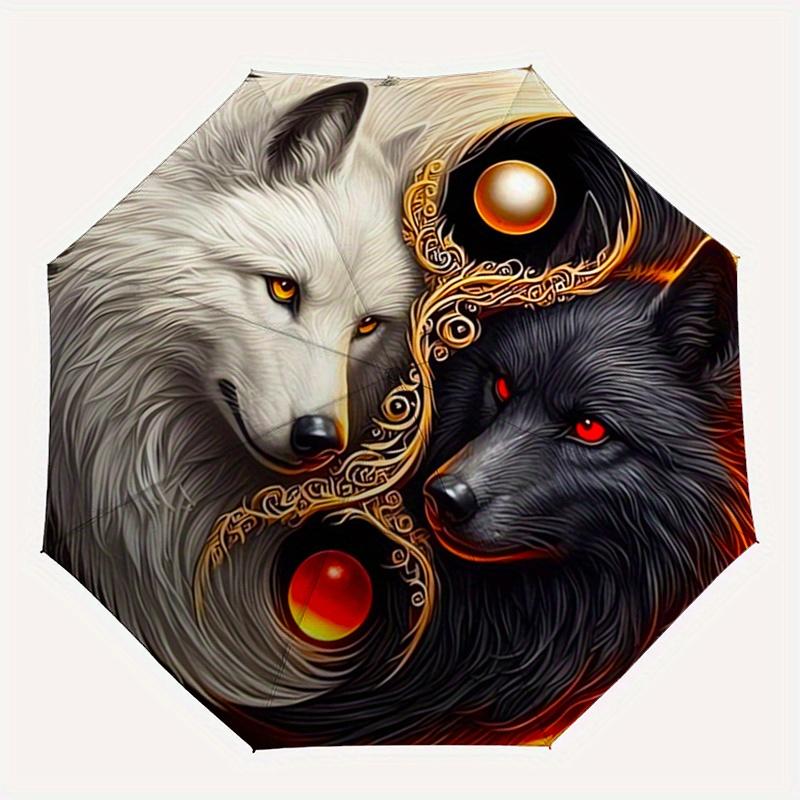 Wolf Yin Yang Automatic Folding Umbrella 8 Ribs, Durable Iron Frame, Bright Color Pattern Compact Travel Umbrella, Suitable for Outdoor, Be