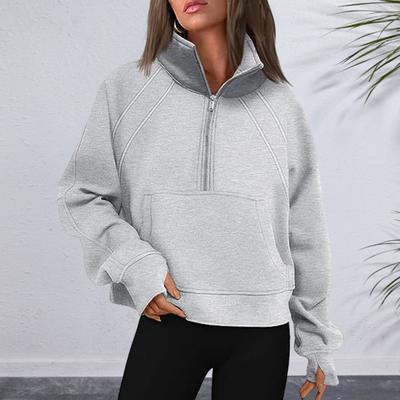 Зимняя осенняя женская толстовка с застежкой-молнией на половину длины, воротник-стойка, плюш, длинные рукава, накладной карман, эластичная манжета на подоле