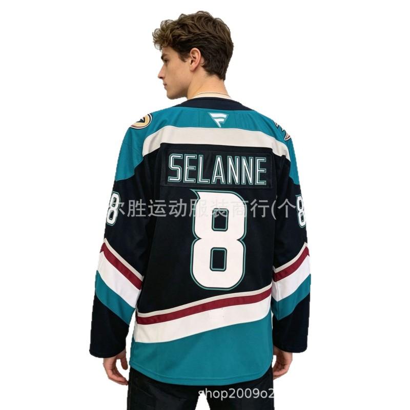 Mens Anaheim Ducks Teemu Selanne 8 Authentic Ice Hockey Jersey Blue Black Fan Wear