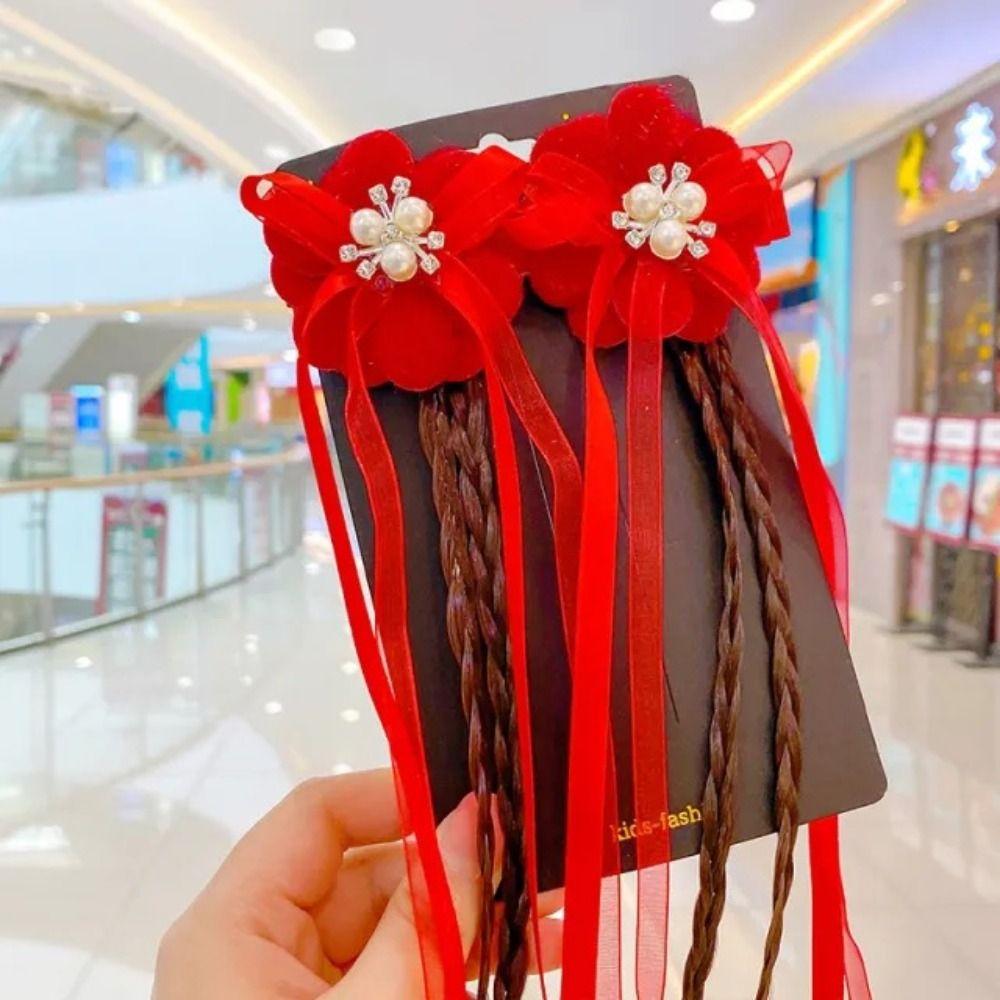 2pcs Hanfu Headdress Children Red Hairclip Flower Tassel Bow Wig Braid Hairpin New Year Headwear
