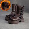 Johnature Plush Warm British Style Mid-calf Boots Genuine Leather Thick Soled Women's Shoes