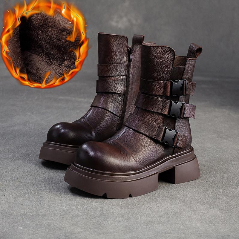 Johnature Plush Warm British Style Mid-calf Boots Genuine Leather Thick Soled Women's Shoes