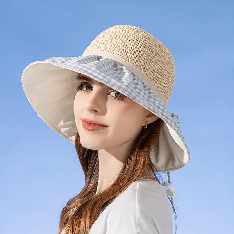 Летняя дышащая панама женская клетчатая хлопковая сетчатая шляпа от солнца с принтом легкая элегантная женская пляжная шляпа с большими полями на шнуровке и бантом