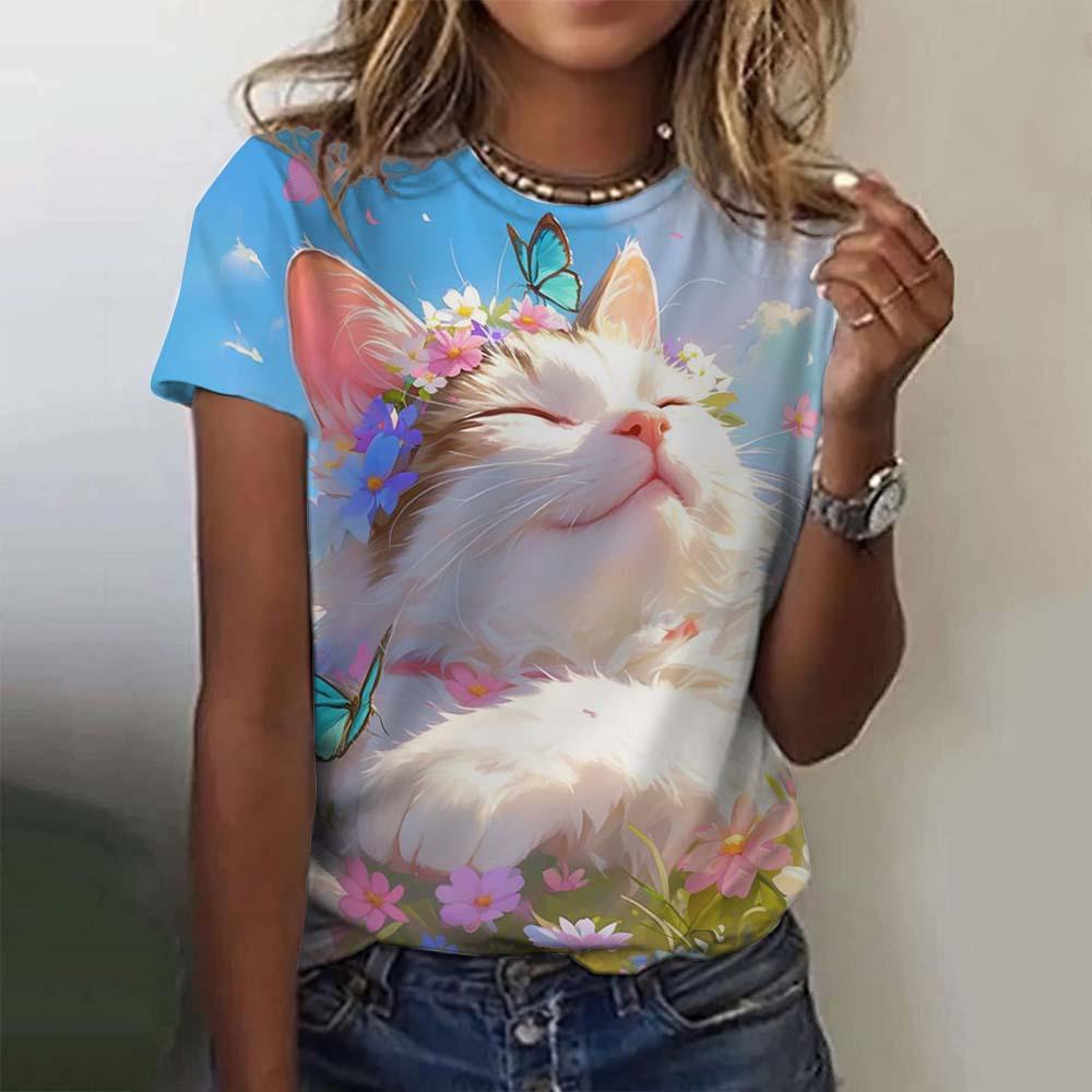 Женская футболка с короткими рукавами и принтом кота, повседневная, с 3D-узором для девочек на лето