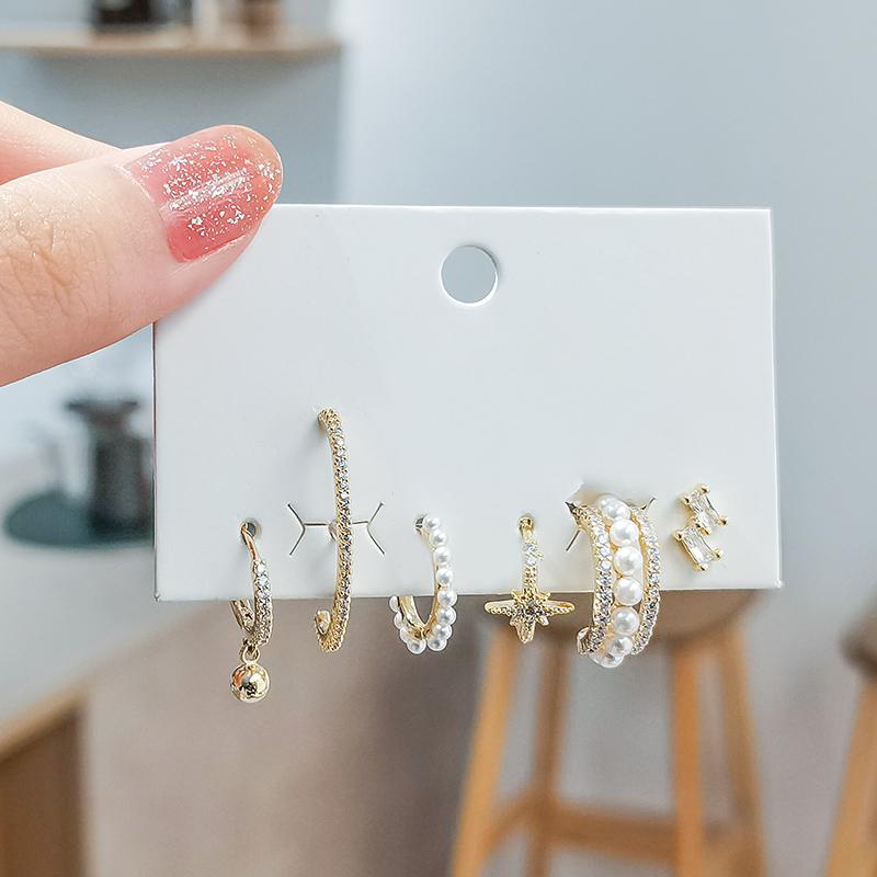 ANENJERY 6 шт./компл. серьги-кольца с имитацией жемчуга в виде звезды, комплект серег с микроцирконом, зажим для ушей, креативные вечерние ювелирные изделия, подарок