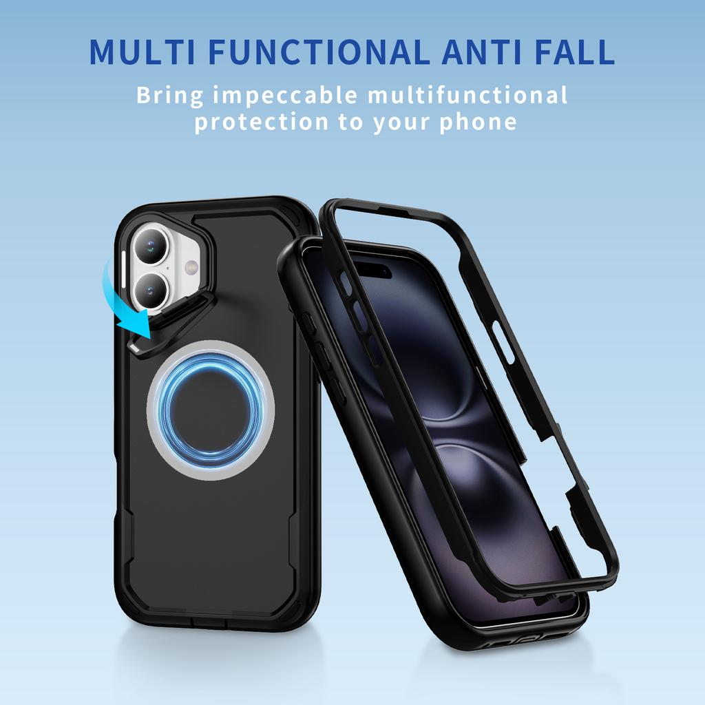 For iPhone 16 Plus Case Compatible with MagSafe Lens Frame Kickstand TPU + PC Shockproof Phone Cover